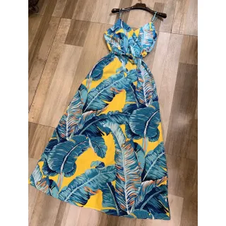 Verão 2021, vestido longo estampado alcinha - Azul com amarelo