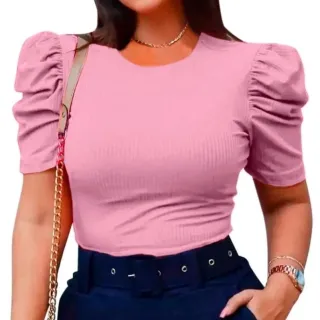 Linda Blusa Canelada Manga Curta Princesa Feminina Tamanho Único - Azul