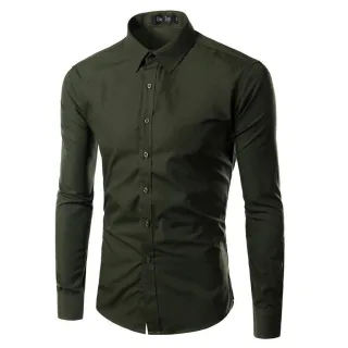 Promoção de Camisa Social Masculina Slim Fit em Algodão e Elastano - Manga Longa - Verde Seco