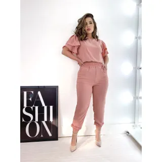 Cropped Manga Babados e Calça Jogger - Conjunto Duna - Rose