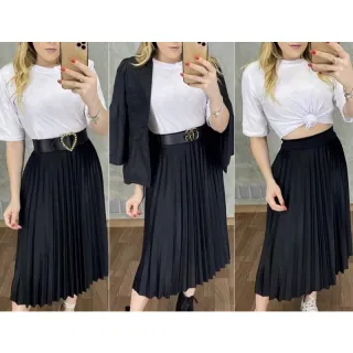 Moda Evangélica - Saia Plissada Mid - Azul Marinho