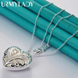 Corrente de colar feminino Prata 925 Pingente de Coração Oco 16-30 Polegadas - Corrente de cobra