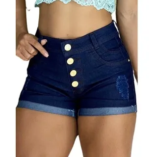 Oferta Relâmpago! Shorts Feminino Cintura Alta Barra Dobrada Moda Empina Bumbum - Lycra Escuro 4 Botões
