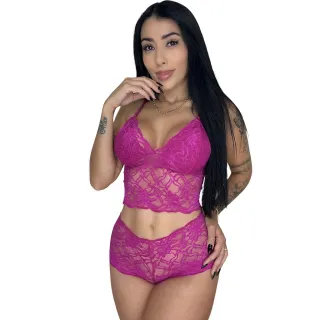 Calesson Renda Conjunto Lingerie Feminino Sem Bojo Calcinha - Pink