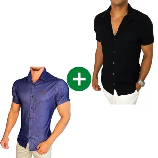 Camisa Jeans Masculina Manga Curta + Camisa Social Slim Manga Curta - Jeans Claro+Viscolinho Preta