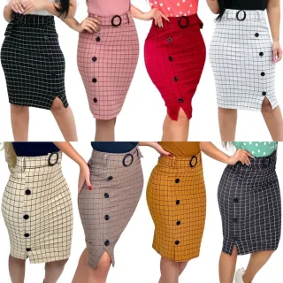 Elegante Saia Evangélica Social com Cinto e Botões - Vinho Xadrez