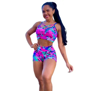 Conjunto Fitness Premium Top Feminino Estampado Ou Liso + Short para Academia - Estampa 01