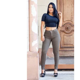 Cintura Alta Calça Jeans Feminina Verde Militar - 46