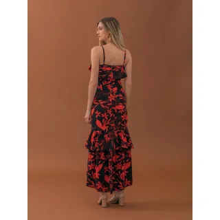 Vestido estampado flores longo com babados em crepe setinado - Folha Laranja e fundo azul