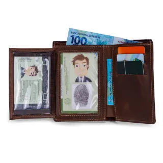 Couro Legítimo Carteira Vertical Masculina 6 Cartões CNH RG - MARROM CLARO-GAMB