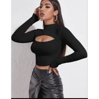 Blusa gola alta manga longa vazada cropped - Raryel - Bege