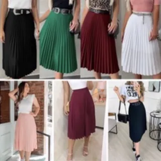 Moda Evangélica - Saia Plissada Mid - Azul Marinho