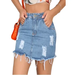 Moda feminina: Saia jeans mini curta desfiada com bolso - Lançamento 2022 - SA105