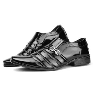 Confortável Envernizado Sapato Social Masculino Preto Branco Dourado - 1004Pto/Bco