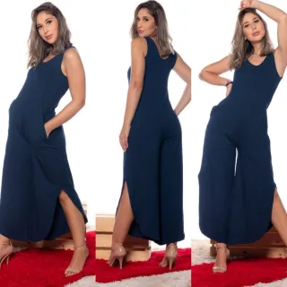 Macacão Pantacourt Casual Versátil com Bolso - 7 Cores - Azul Marinho