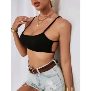 Modas Dyeu - Top Cropped Sexy Costa Nua Gringa Casual Alça Fina - PRETO COM BRANCO