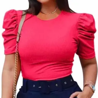 Linda Blusa Canelada Manga Curta Princesa Feminina Tamanho Único - Azul