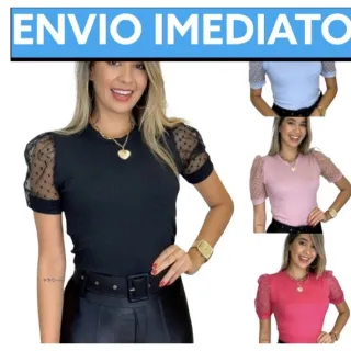 Roupas Femininas Verão Blusinha Tule Manga Curta Bufante Canelada