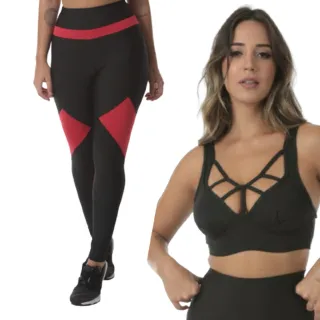 Roupas Femininas Conjunto Fitness Calça Preta+Top Com Bojo - Vermelho
