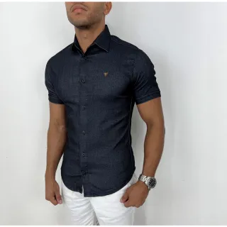 Camisas sociais masculinas slim manga curta em jeans - Kit com duas unidades - 1 Jeans Claro+ 1 Preto Azulado