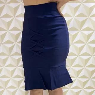 Saia Evangélica Sino Midi Feminina Babado Social Bengaline - Preto