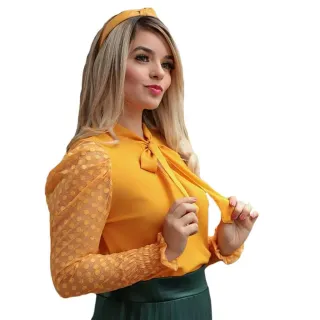 Blusa Social Feminina Manga Longa Evangelica Linda Tule Crepe - Preto