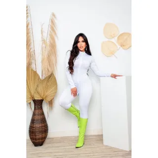 Moda Gringa - Macacão Feminino Manga Longa Zíper - Branco Suplex -302