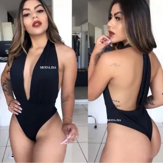 Maio Preto com Bojo, Decote Profundo e Cintura Alta - Frente Única