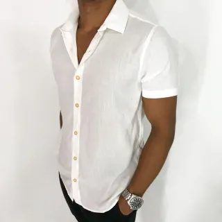 Camisa Jeans Masculina Manga Curta + Camisa Social Slim Manga Curta - Jeans Claro+Viscolinho Preta