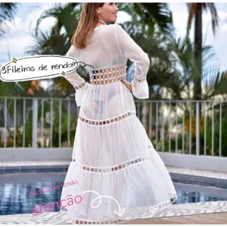 Quimono longo simples para piscina e banho - Saída de praia feminina - 3renda preto