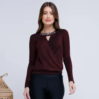 Blusa Lurex Manga Longa com Aplicações em Pedraria na Gola