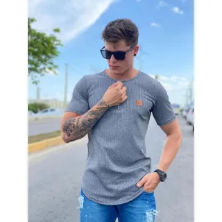 Camiseta masculina oversized, gola Henley em malha canelada - Amarelo