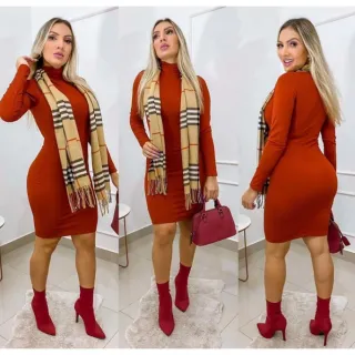 Vestido Midi Manga Longa Gola Alta Inverno Frio - Chumbo