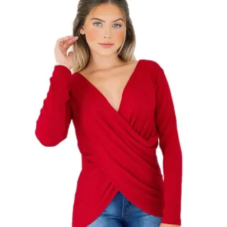 Blusinha Feminina Decotada Manga Longa Transpassada Cruzada em Cores Variadas - Vermelho