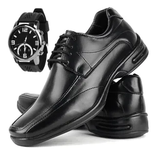 Relógio Original + Kit Sapato Social Masculino Elegante Ortopédico com Palmilha em Gel - Preto