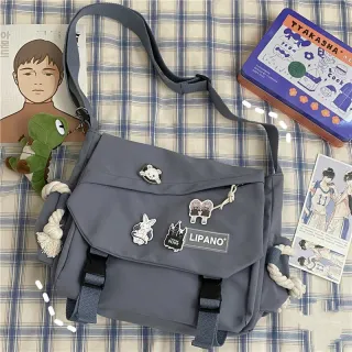 Bolsa Coreana Retrô de Nylon - Grande Capacidade Harajuku - Preto + Emblema + Dinossauro