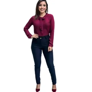 Blusa Social Feminina Manga Longa com Laço na Gola - Rosa