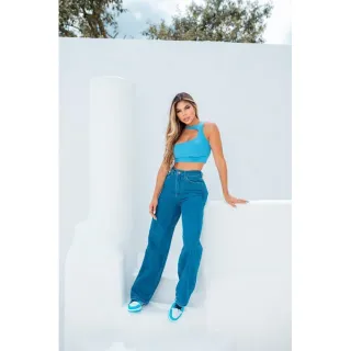 Moda feminina: Calça Pantalona Wide Leg Jeans - Tendência Gringa - Wide escuro destroyed no joelh