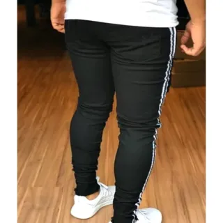 Pronta Entrega Calça Jeans Masculina Skinny Preta Faixa Listra Lateral - Preta