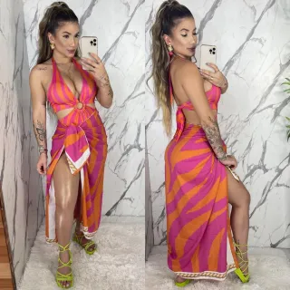 Conjunto de Body/Maiô e Páreo Saída de Praia para o Verão - IZA- Folhagem