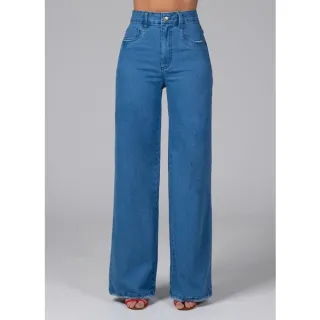 Ótima Qualidade - Calça Pantalona Wide Leg Jeans Lisa - Wide Medio Lisa 132