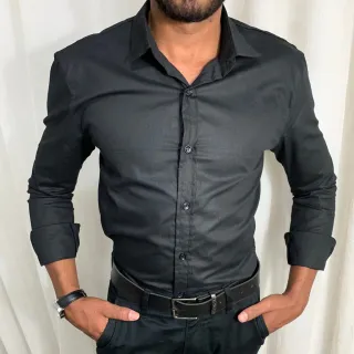 Manga Longa Camisa Social Masculina Slim fit Luxo Estilosa - Preto
