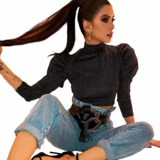 Blusa Princesa Lurex Manga Longa Cropped Bufante Brilho