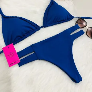 Calcinha Biquíni Hot Pant Cintura Alta Trançado Com Bojo Faixas - Calica moda praia - Rosa Escuro