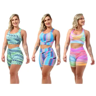 Conjunto Suplex Liso e Estampado: Top + Short Fitness Feminino - M - 38