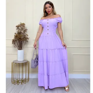 Vestido Longo Feminino com Estilo Ciganinha, Botões e Lastex na Cintura - Moda Verão - Azul Bebê