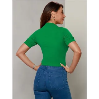 Tricot manga curta moda verao, blusa cropped veste 34-40 com gola e manga trancada - Amarelo Lima