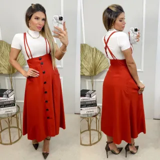 Saia com suspensório midi YY8215 - Botões, bolsos e reguláveis - Verde