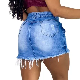 Destroyed Saia Jeans Feminina Cintura Alta - Ziper Clara