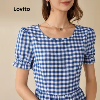 Vestido Plissado Xadrez Casual Midi Azul - Lovito - Azul